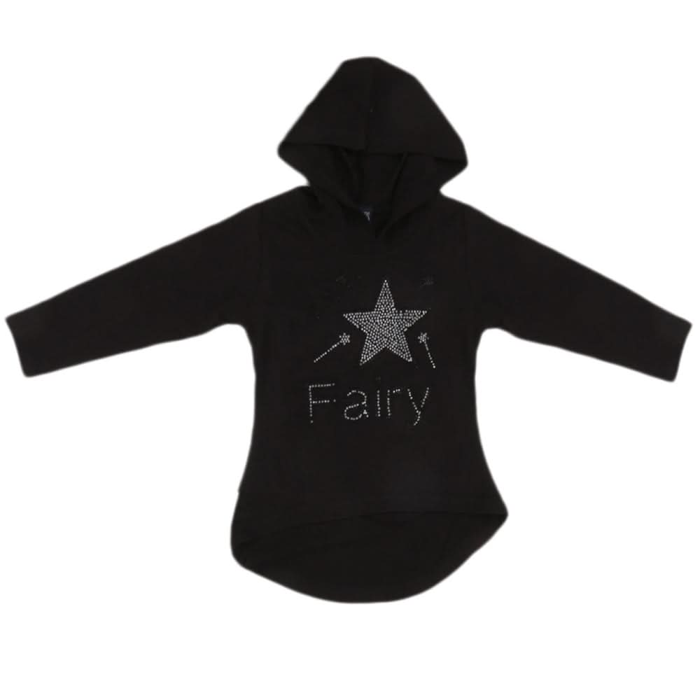Girls Full Sleeves Hooded T-Shirt With Stone - Black, Kids, Girls T-Shirts, Chase Value, Chase Value