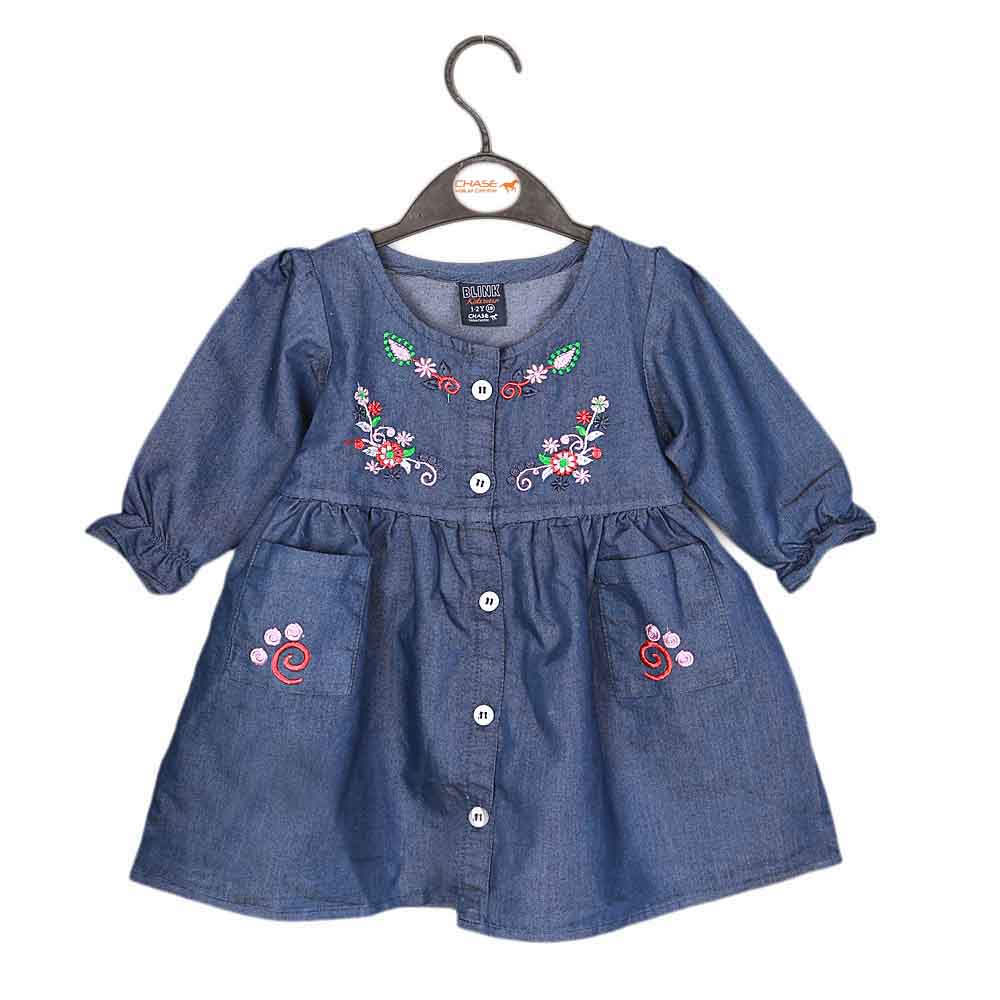 Girls Embroidered Denim Frock- Dark Blue, Kids, Girls Kurti, Chase Value, Chase Value