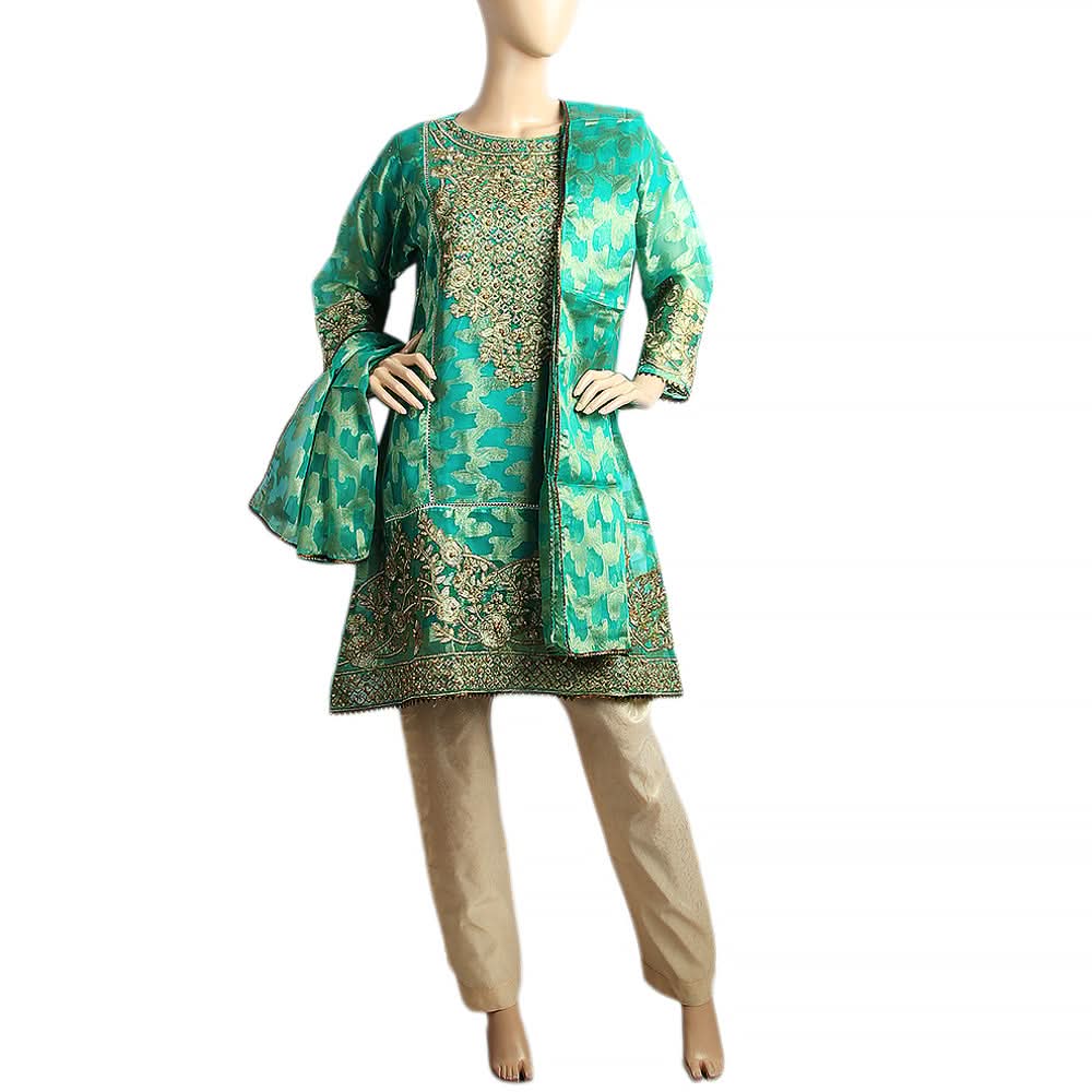 Women's Embroidered Organza Jacquard 3 Pcs Stitched Suit - Green, Women, Shalwar Suits, Chase Value, Chase Value