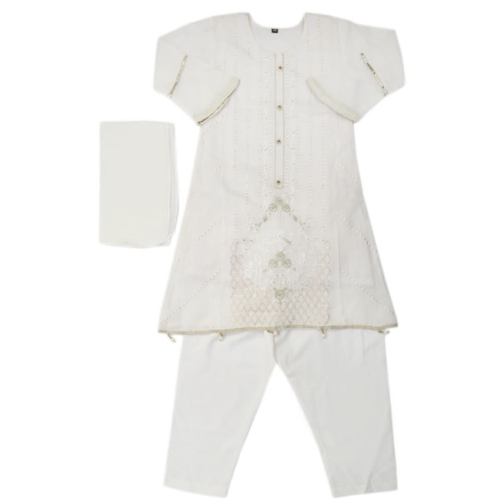 Girls Embroidered 3Pcs Shalwar Suit - White, Girls Shalwar Kameez, Chase Value, Chase Value
