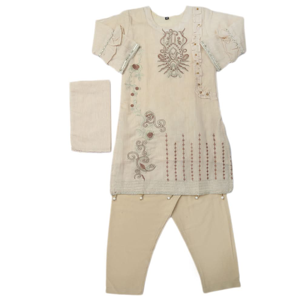 Girls Embroidered 3Pcs Shalwar Suit - Beige, Girls Shalwar Kameez, Chase Value, Chase Value