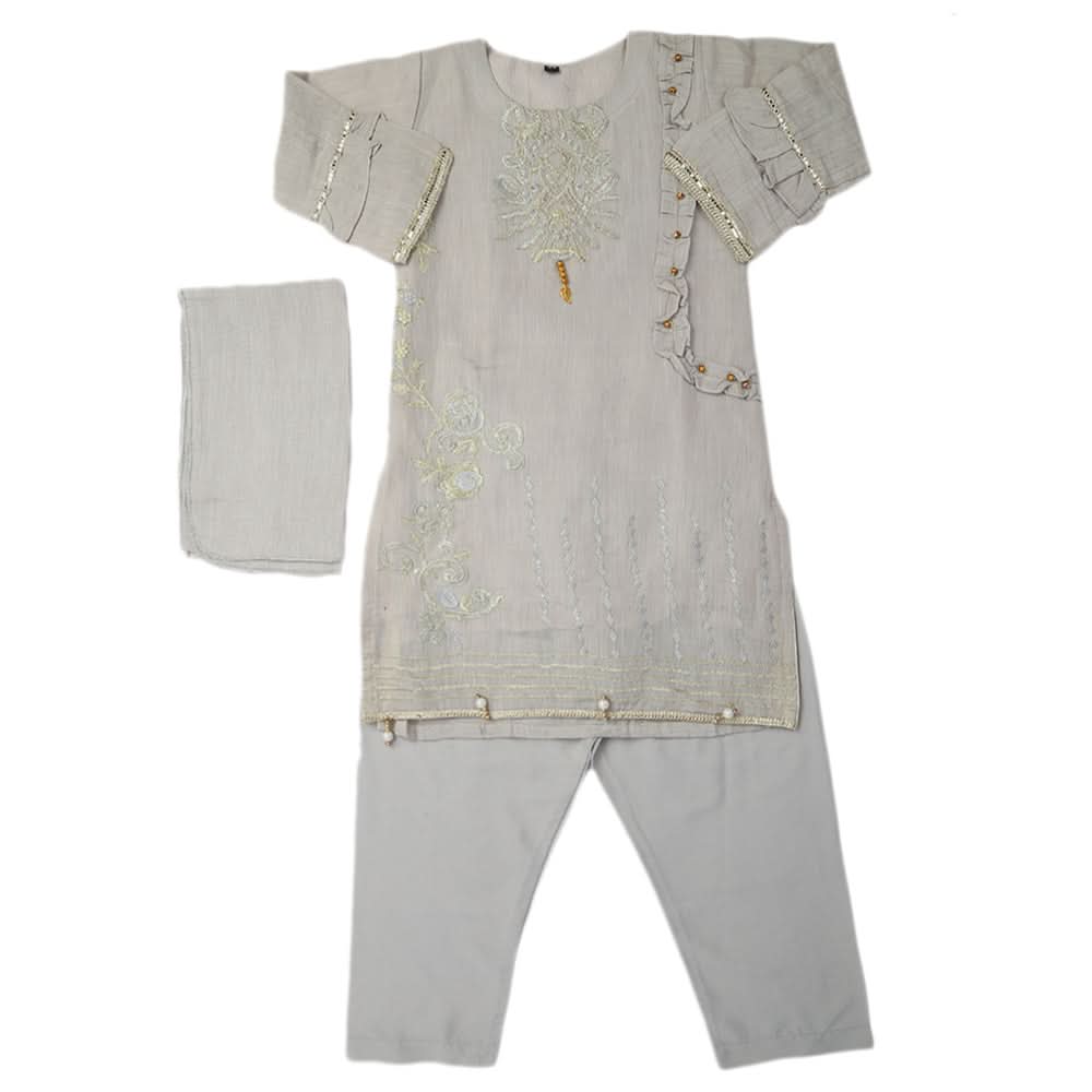 Girls Embroidered 3Pcs Shalwar Suit - Grey, Girls Shalwar Kameez, Chase Value, Chase Value