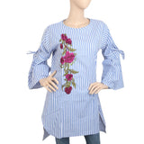 Women's Embroidered Stripe With Front Bottom Cut - Blue, Women, Ready Kurtis, Chase Value, Chase Value