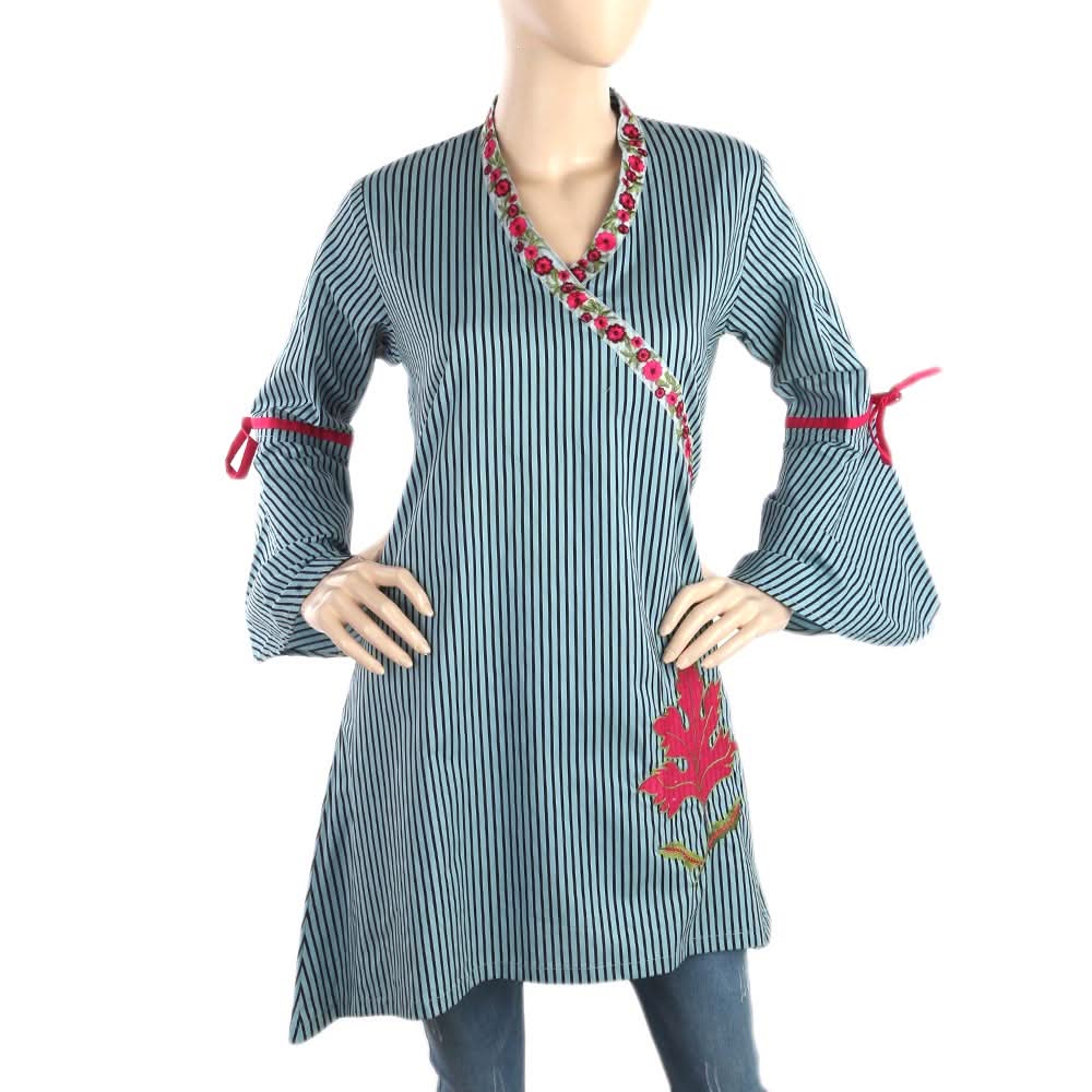 Women's Check Embroidery Kurti Angrakha Style - Steel Blue, Women, Ready Kurtis, Chase Value, Chase Value