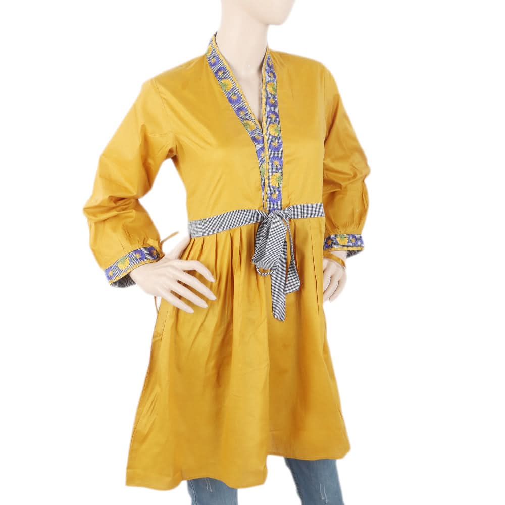 Women's Embroidered Kurti With Front Belt - Mustard, Women, Ready Kurtis, Chase Value, Chase Value