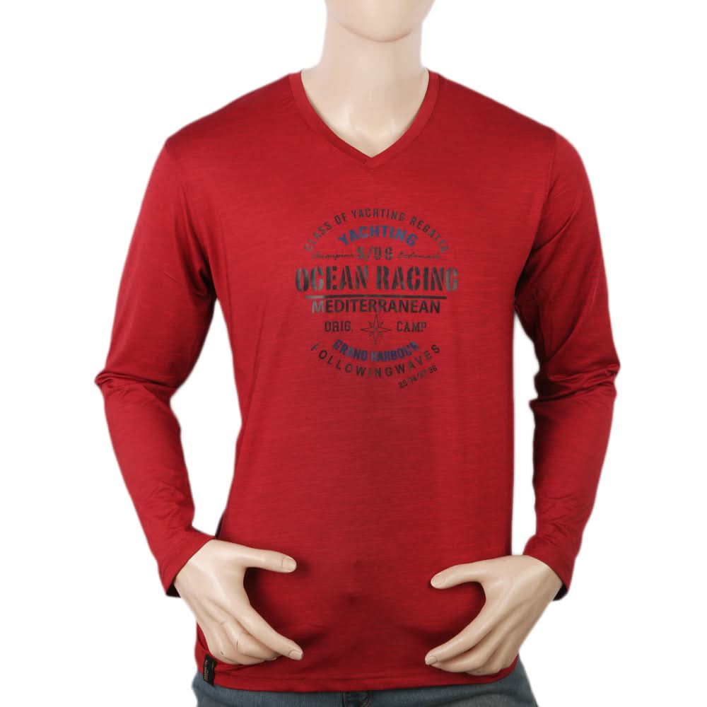 Men's Full Sleeves Round Neck Lycra Printed T-Shirt - Maroon, Men, T-Shirts And Polos, Chase Value, Chase Value