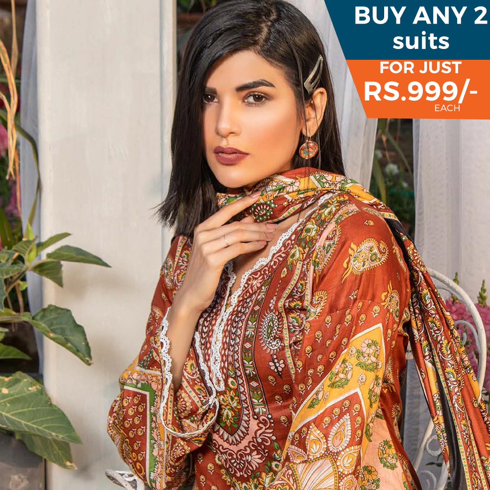 Three Star Printed Lawn 3 Pcs Un-Stitched Suit Vol 3 - 1-A, Women, 3Pcs Shalwar Suit, Al-Dawood Textiles, Chase Value