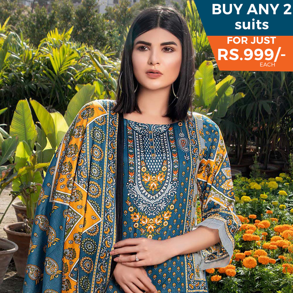 Three Star Printed Lawn 3 Pcs Un-Stitched Suit Vol 3 - 1-B, Women, 3Pcs Shalwar Suit, Al-Dawood Textiles, Chase Value
