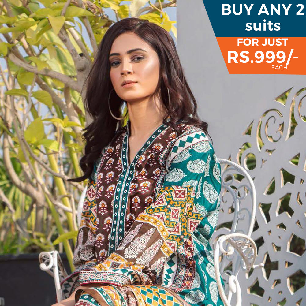 Three Star Printed Lawn 3 Pcs Un-Stitched Suit Vol 3 - 5-A, Women, 3Pcs Shalwar Suit, Al Dawood Textiles, Chase Value
