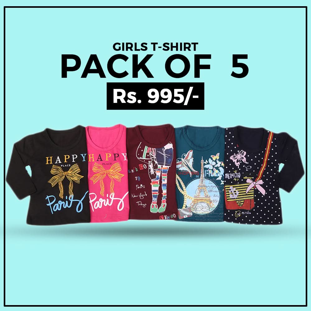 Girls Full Sleeve T-Shirt Pack Of 5 - Multi, Kids, Girls T-Shirts, Chase Value, Chase Value
