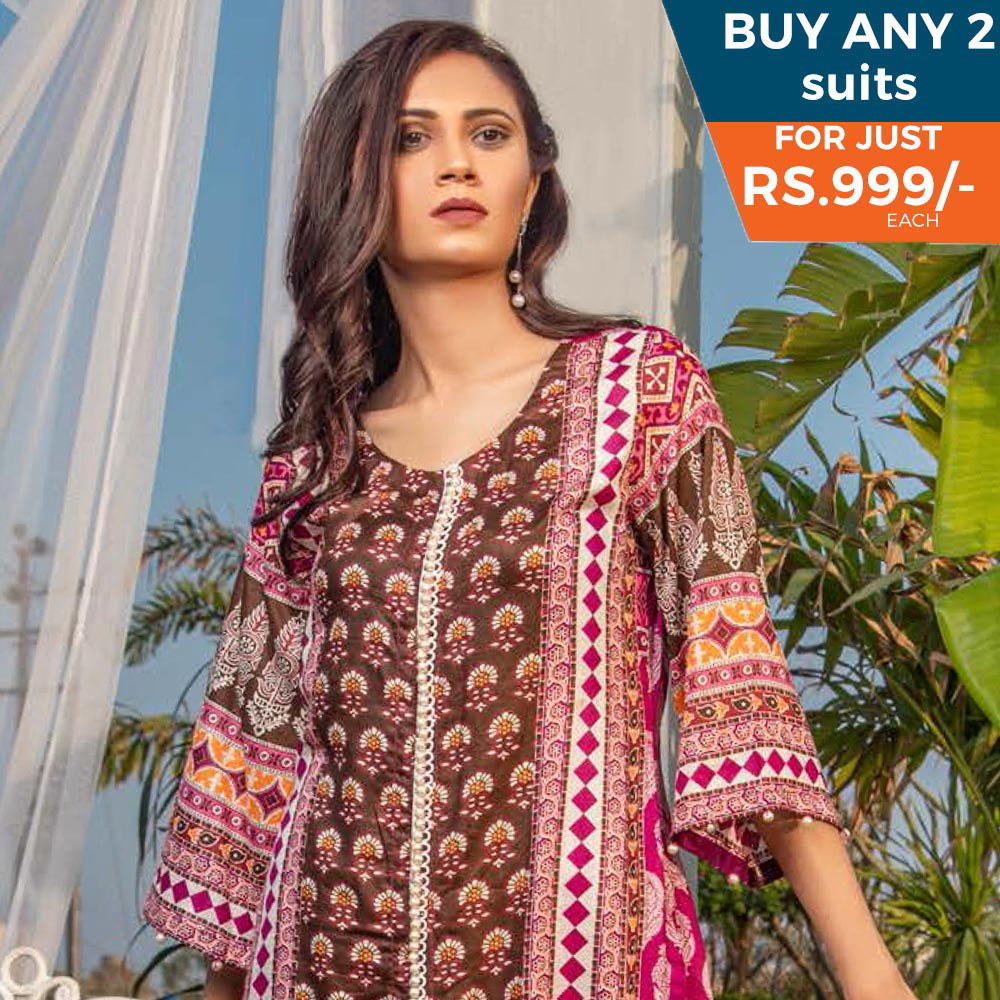 Three Star Printed Lawn 3 Pcs Un-Stitched Suit Vol 3 - 5-B, Women, 3Pcs Shalwar Suit, Al Dawood Textiles, Chase Value