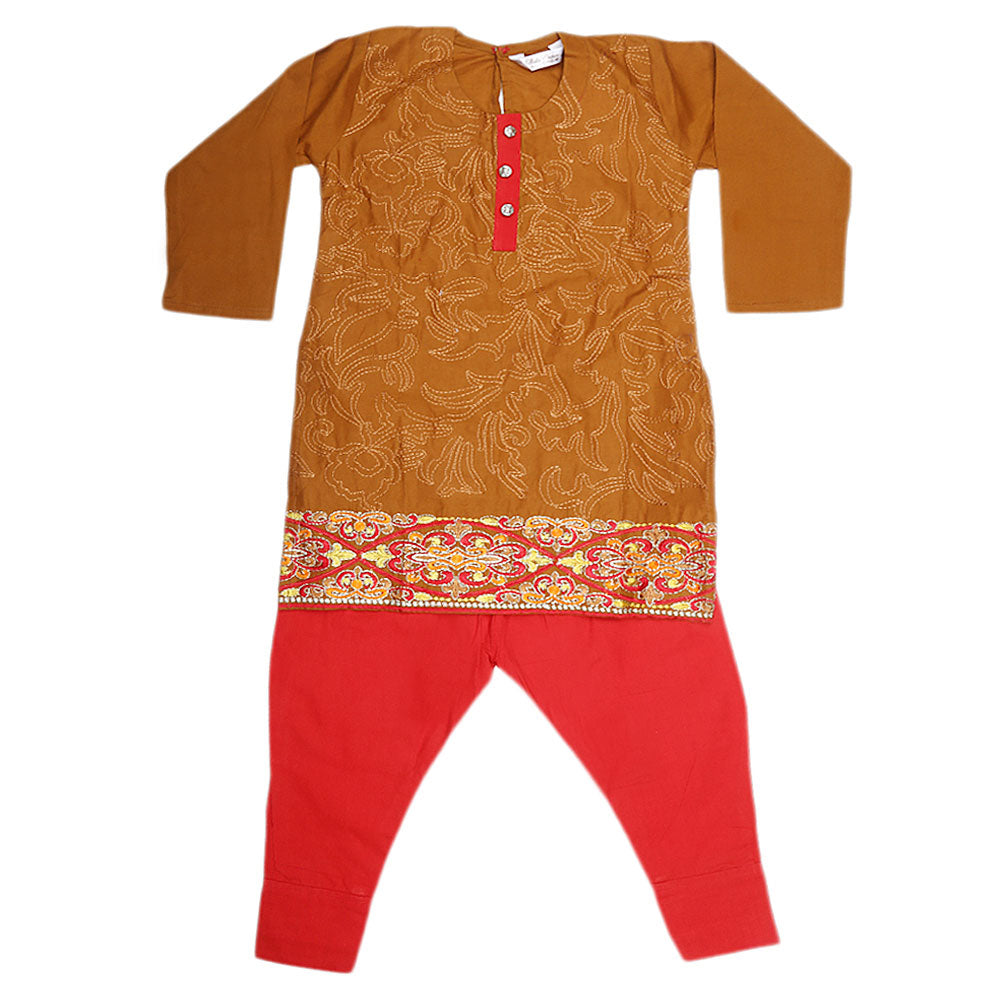 Girls Embroidered 2 Piece Suit - Brown, Kids, Girls Sets And Suits, Chase Value, Chase Value