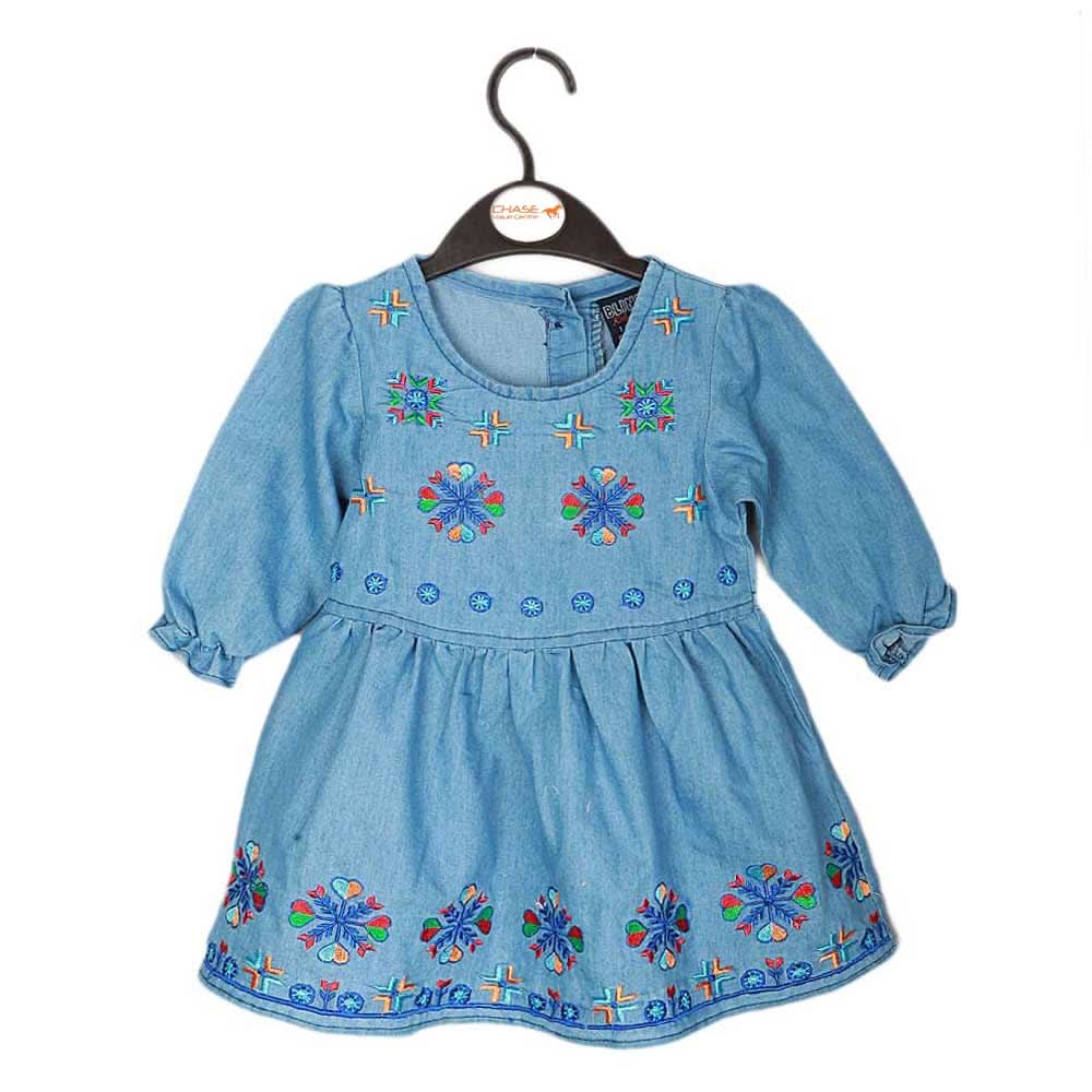 Girls Embroidered Denim Frock - Blue, Kids, Girls Kurti, Chase Value, Chase Value