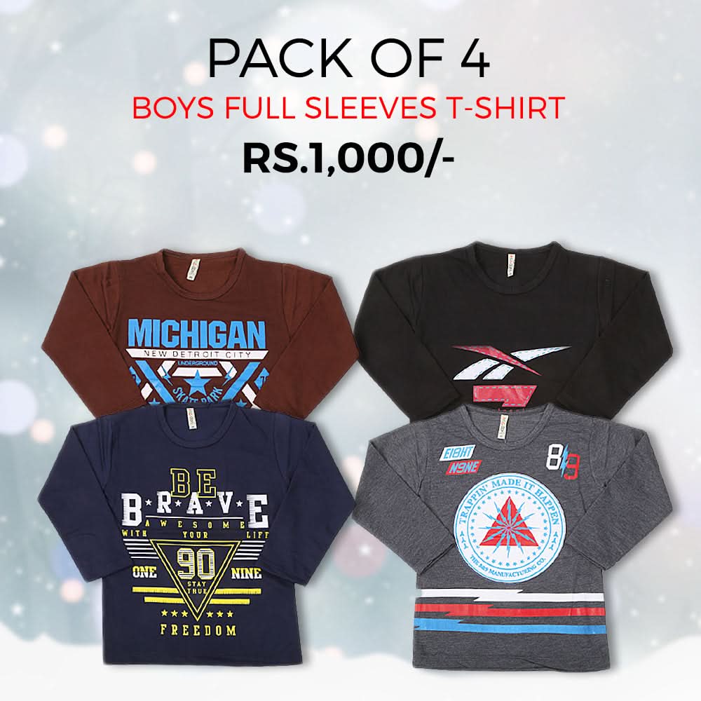 Boys Full Sleeves T-Shirts Pack Of 4 - Multi, Kids, Boys T-Shirts, Chase Value, Chase Value