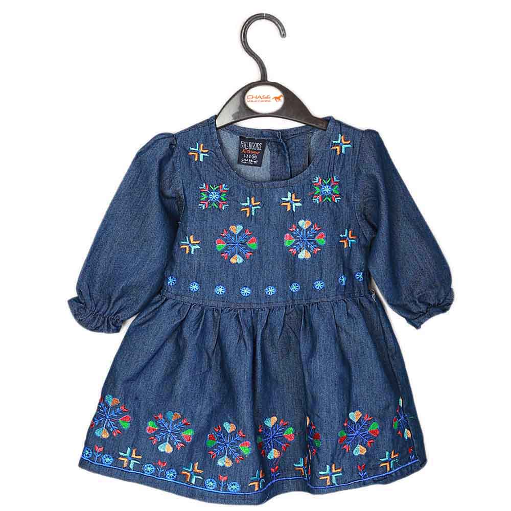 Girls Embroidered Denim Frock - Dark Blue, Kids, Girls Kurti, Chase Value, Chase Value
