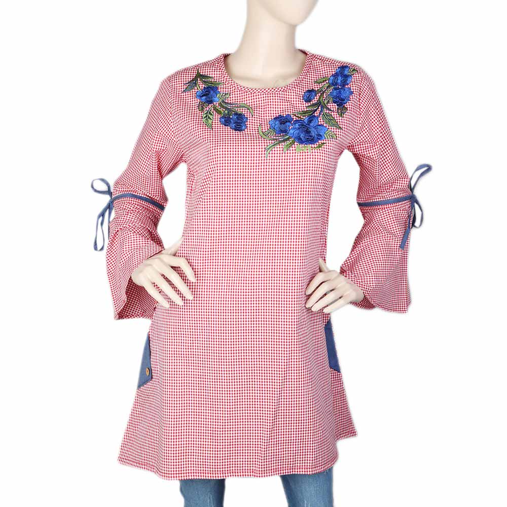 Women's Embroidered Check Top - Red, Women, T-Shirts And Tops, Chase Value, Chase Value
