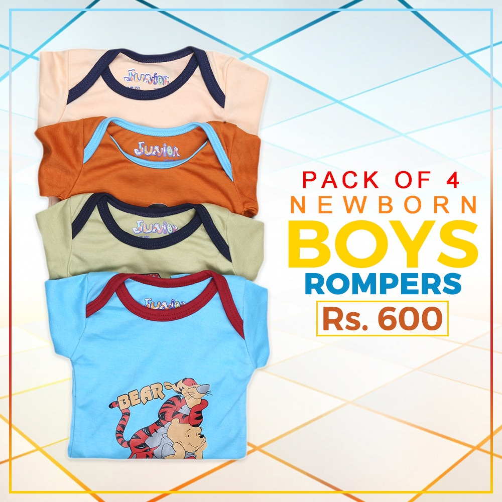 Newborn Boys Full Sleeves Printed Romper Pack Of 4, Kids, NB Boys Rompers, Chase Value, Chase Value