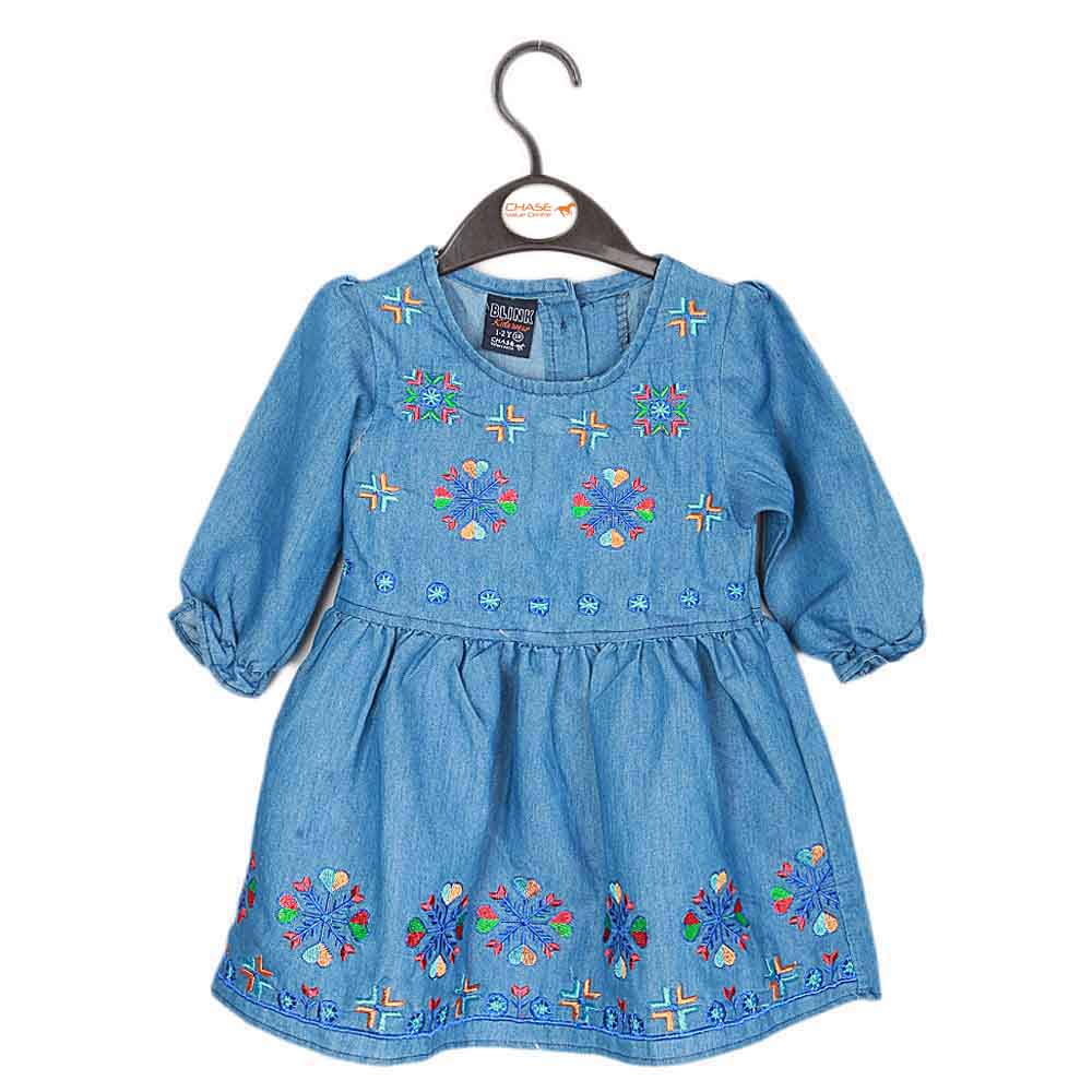 Girls Embroidered Denim Frock - Light Blue, Kids, Girls Kurti, Chase Value, Chase Value