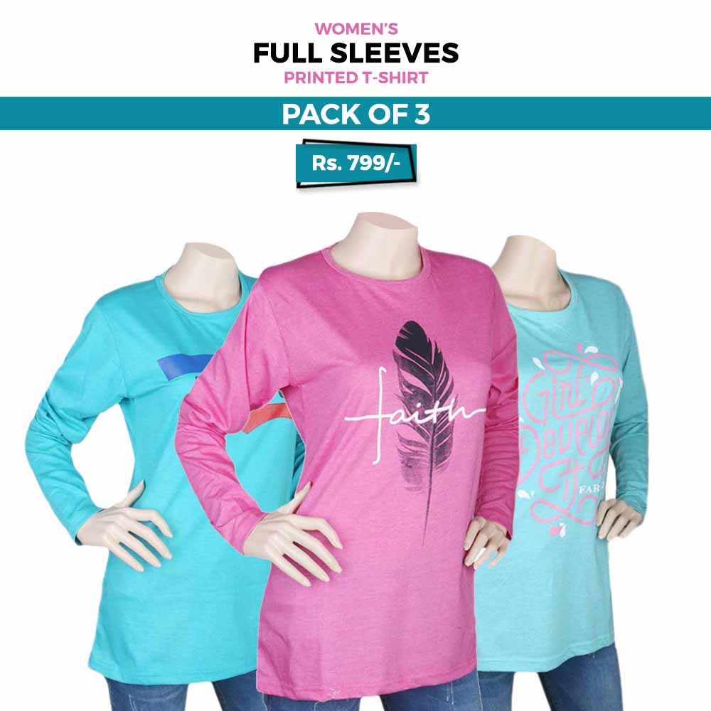 Women's Full Sleeves Printed T-Shirts Pack Of 3 - Multi, Women, T-Shirts And Tops, Chase Value, Chase Value