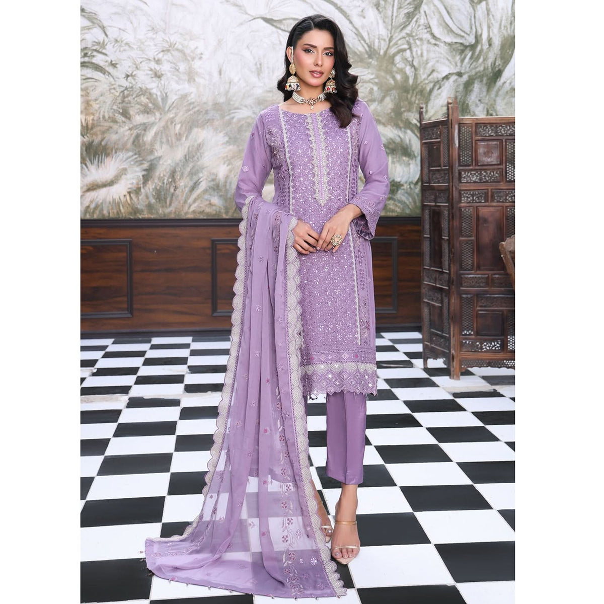 Emerald Chiffon By Dr. Haris Hand Embellishment Sami Unstitched 3Pcs Suit - 1, Women, 3Pcs Shalwar Suit, MI Creation, Chase Value