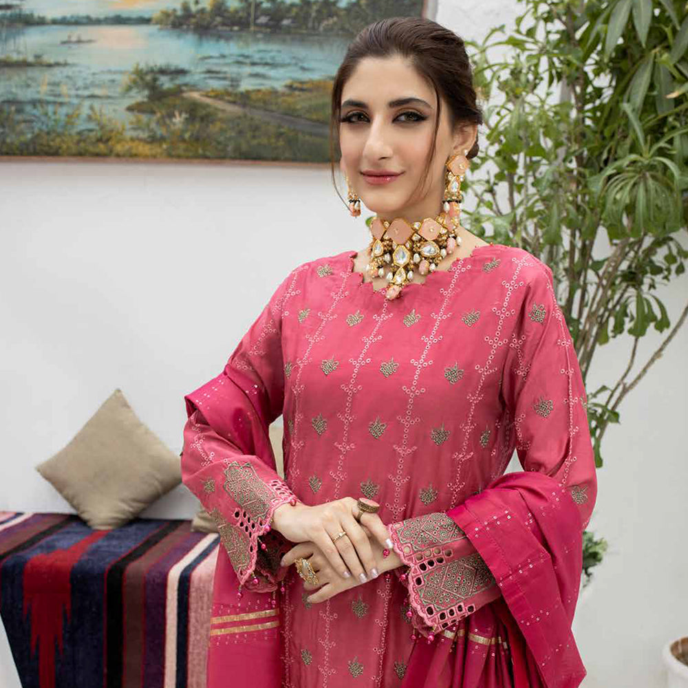 Schick Koel Viscose Schiffli Boring Embroidered Unstitched Suit With Fancy Dupatta - 7, Women, 3Pcs Shalwar Suit, MI Creation, Chase Value