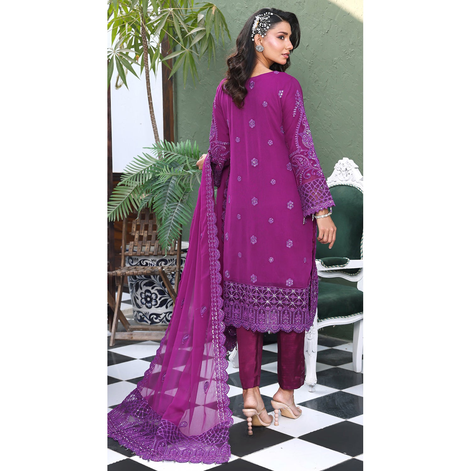 Emerald Chiffon By Dr. Haris Hand Embellishment Sami Unstitched 3Pcs Suit - 3, Women, 3Pcs Shalwar Suit, MI Creation, Chase Value