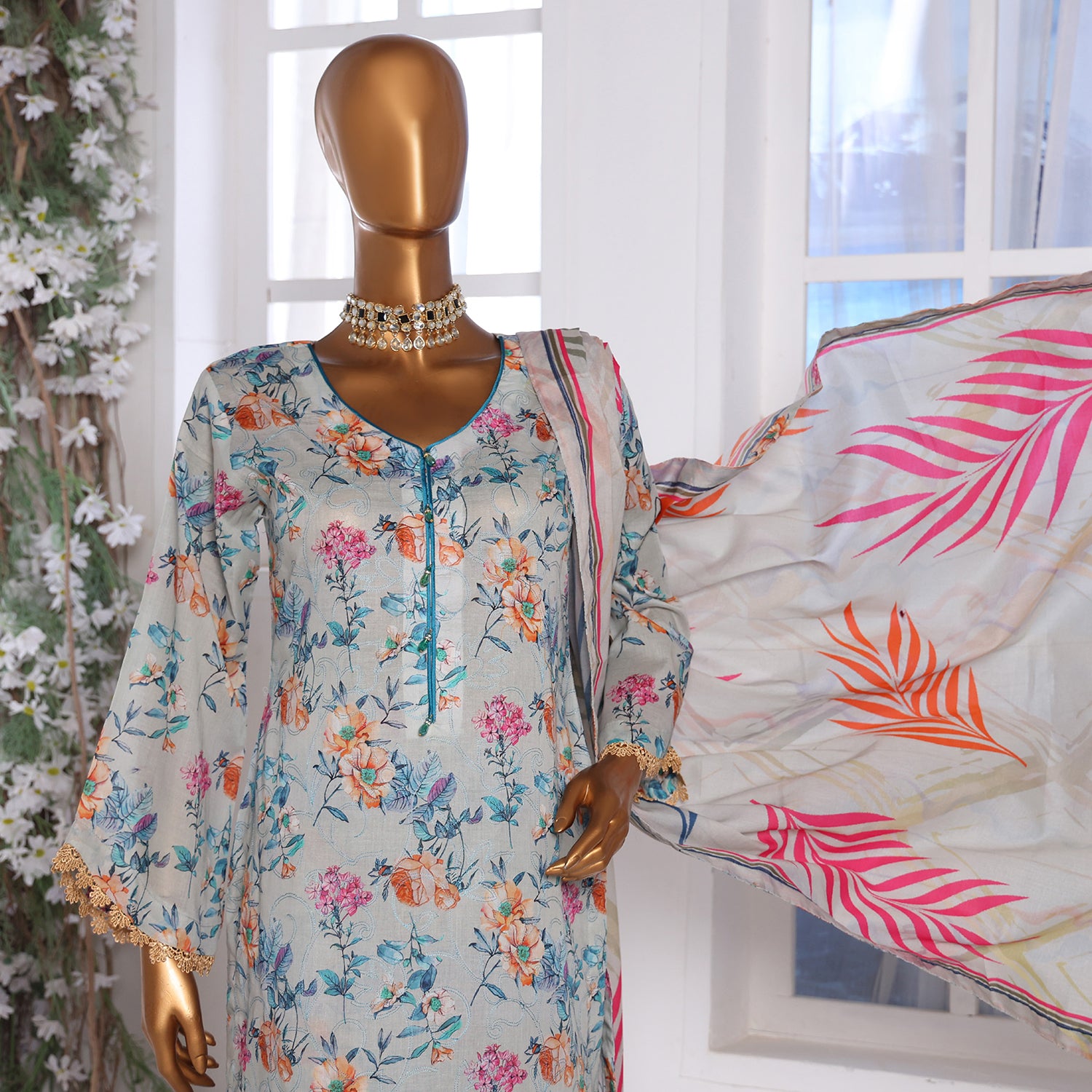 3D Daman kari By MI Creation Printed Lawn With Embroidered Unstitched 3Pcs Suit - 5, Women, 3Pcs Shalwar Suit, MI Creation, Chase Value