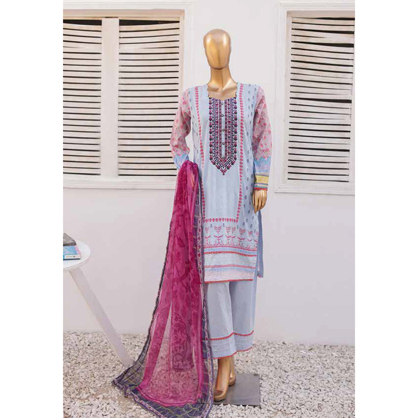 Zoha Lawn Printed Embroidered 3Pcs Suit with Bember Dupatta - 8, Women, 3Pcs Shalwar Suit, Leeds Textile, Chase Value