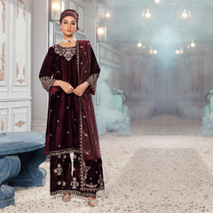 Eminent Women's Embroidered Unstitched Suit With Embroidered Shawl - Maroon