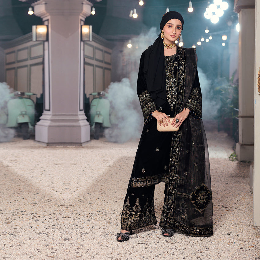 Eminent Women's Embroidered Unstitched Suit With Embroidered Shawl - Black