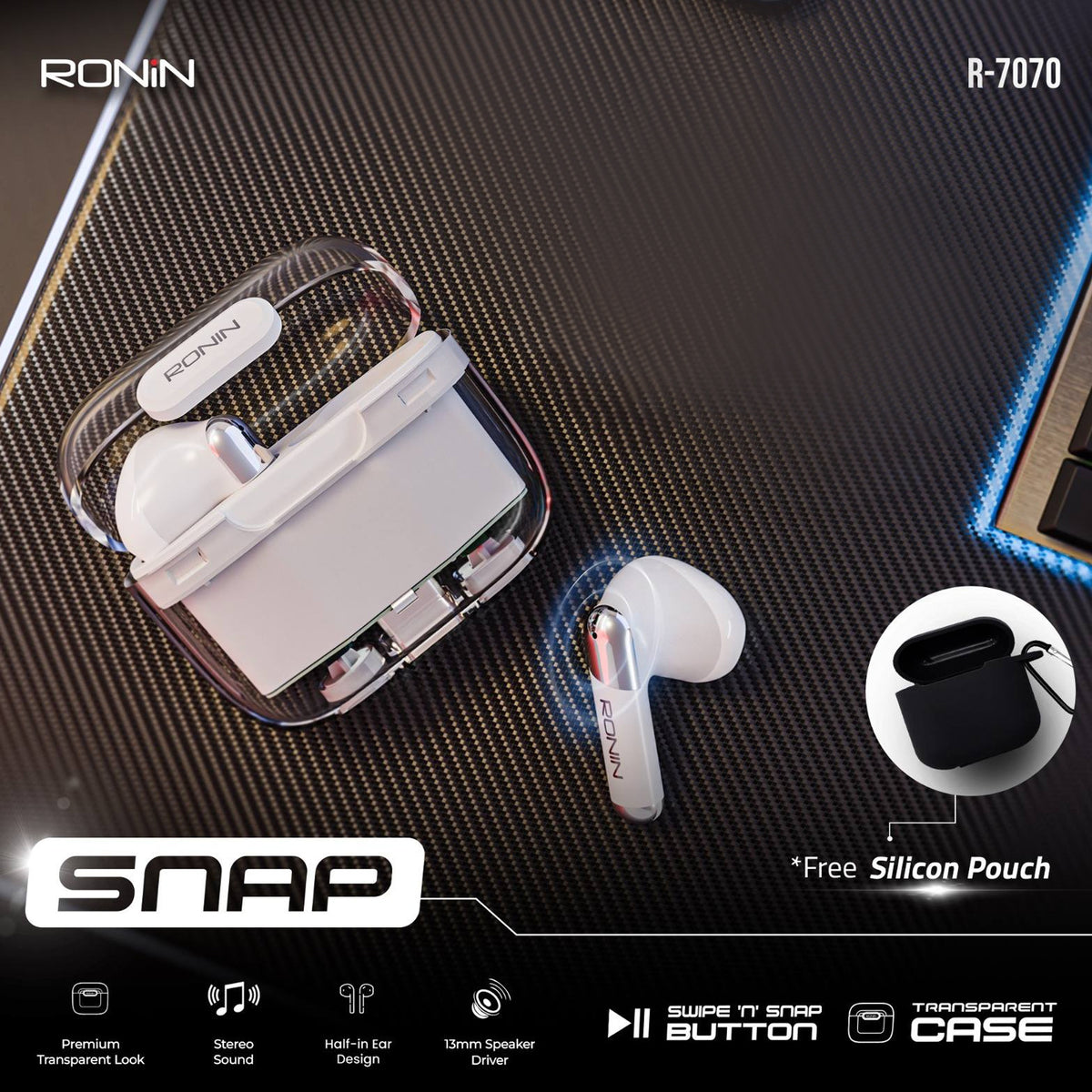Ronin Earbud Snap R-7070 - White, Airbuds, Ronin, Chase Value