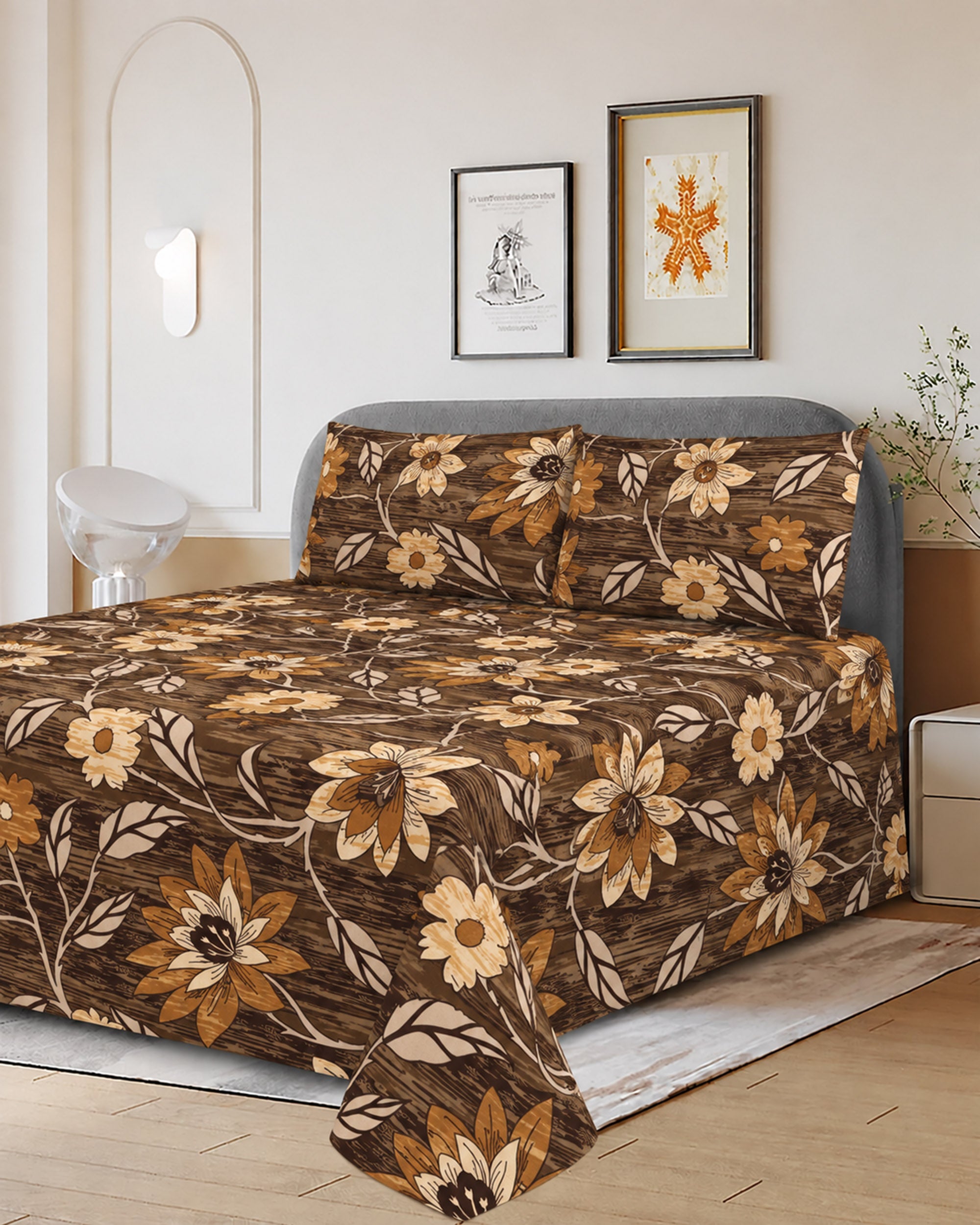 Printed Cotton Double Bed Sheets - 3 Pcs - 94 x 98 Inch