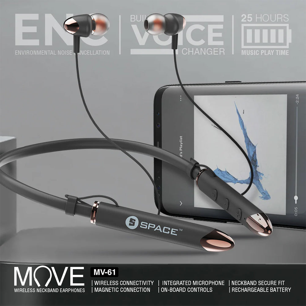 Space Neckband Earphone Mv-61 - Black, Hands Free / Head Phones, Space, Chase Value