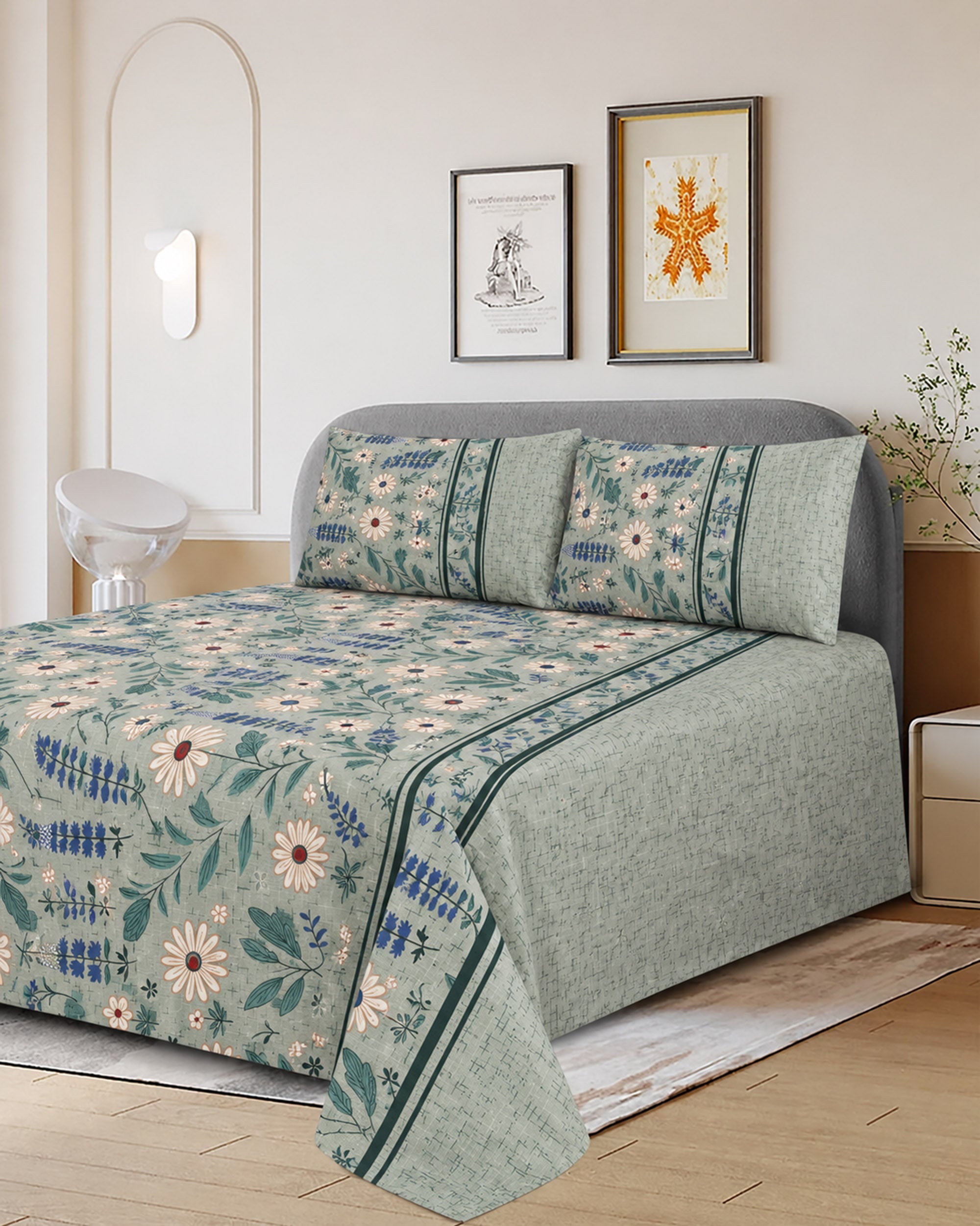 Printed Cotton Double Bed Sheets - 3 Pcs - 94 x 98 Inch