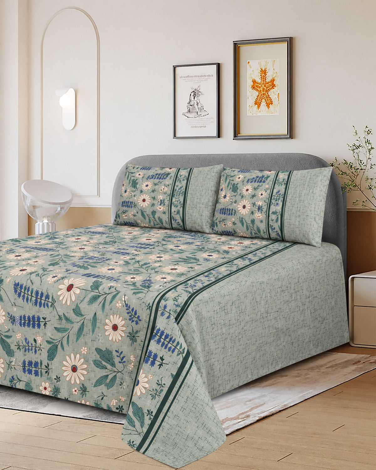Printed Cotton Double Bed Sheets - 3 Pcs - 94 x 98 Inch
