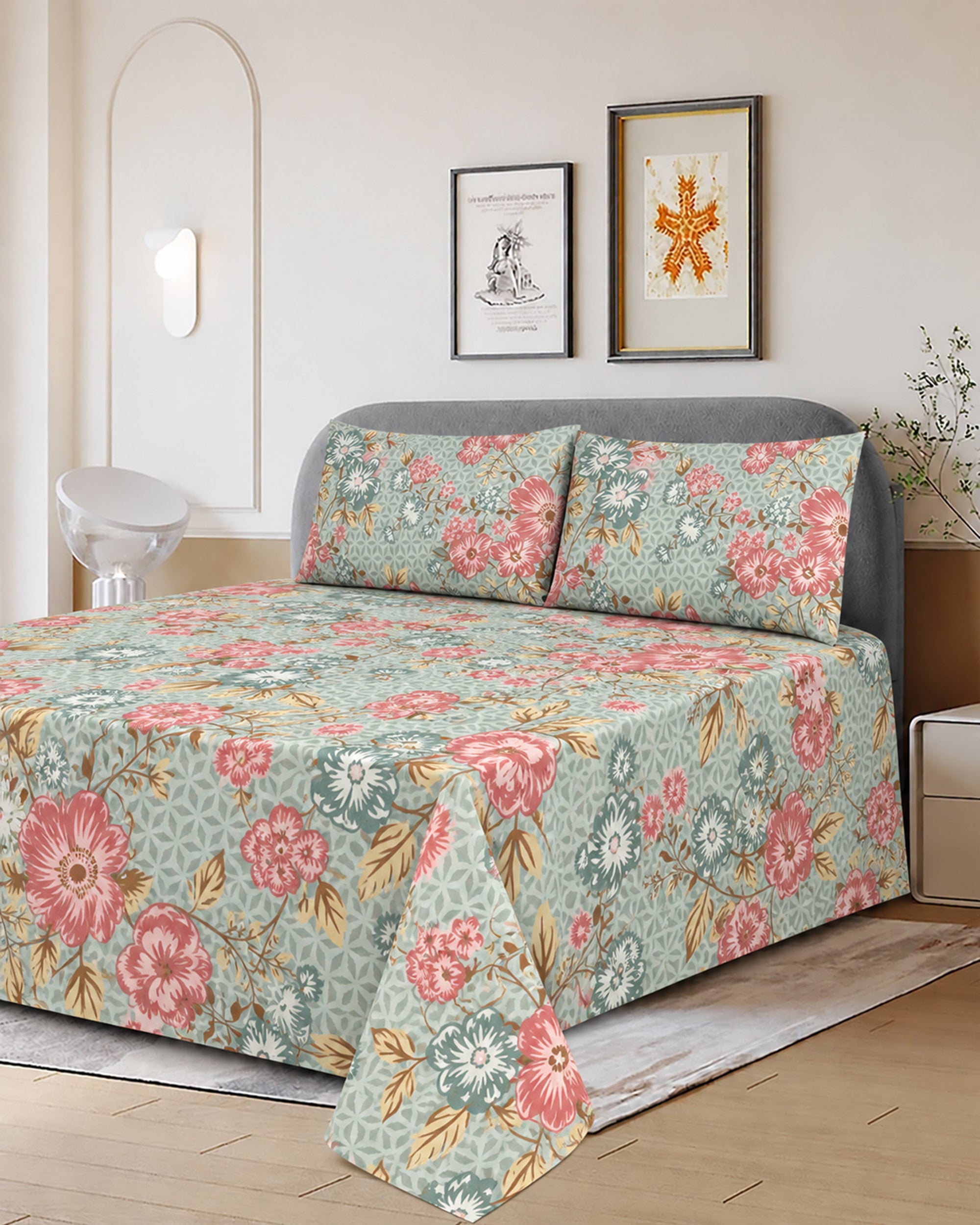 Printed Cotton Double Bed Sheets - 3 Pcs - 94 x 98 Inch