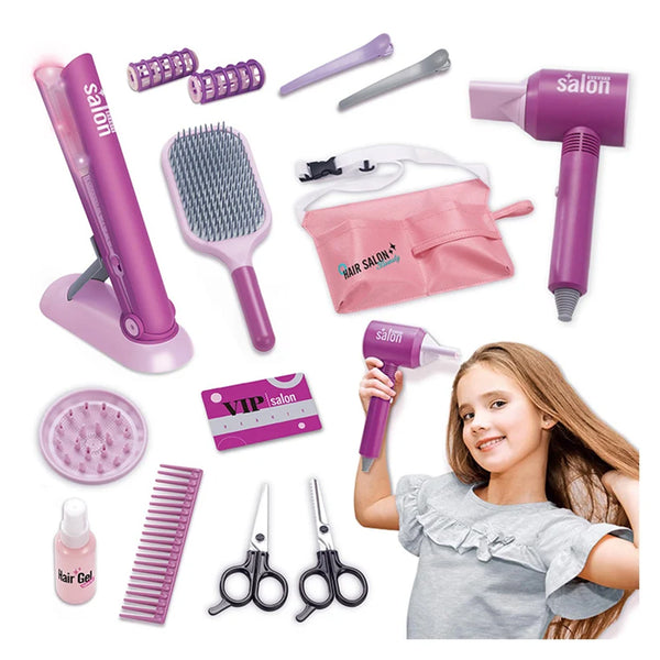 Girls Beauty Hair Salon Toy Kit with Hairdryer, Straightener & Styling Accessories