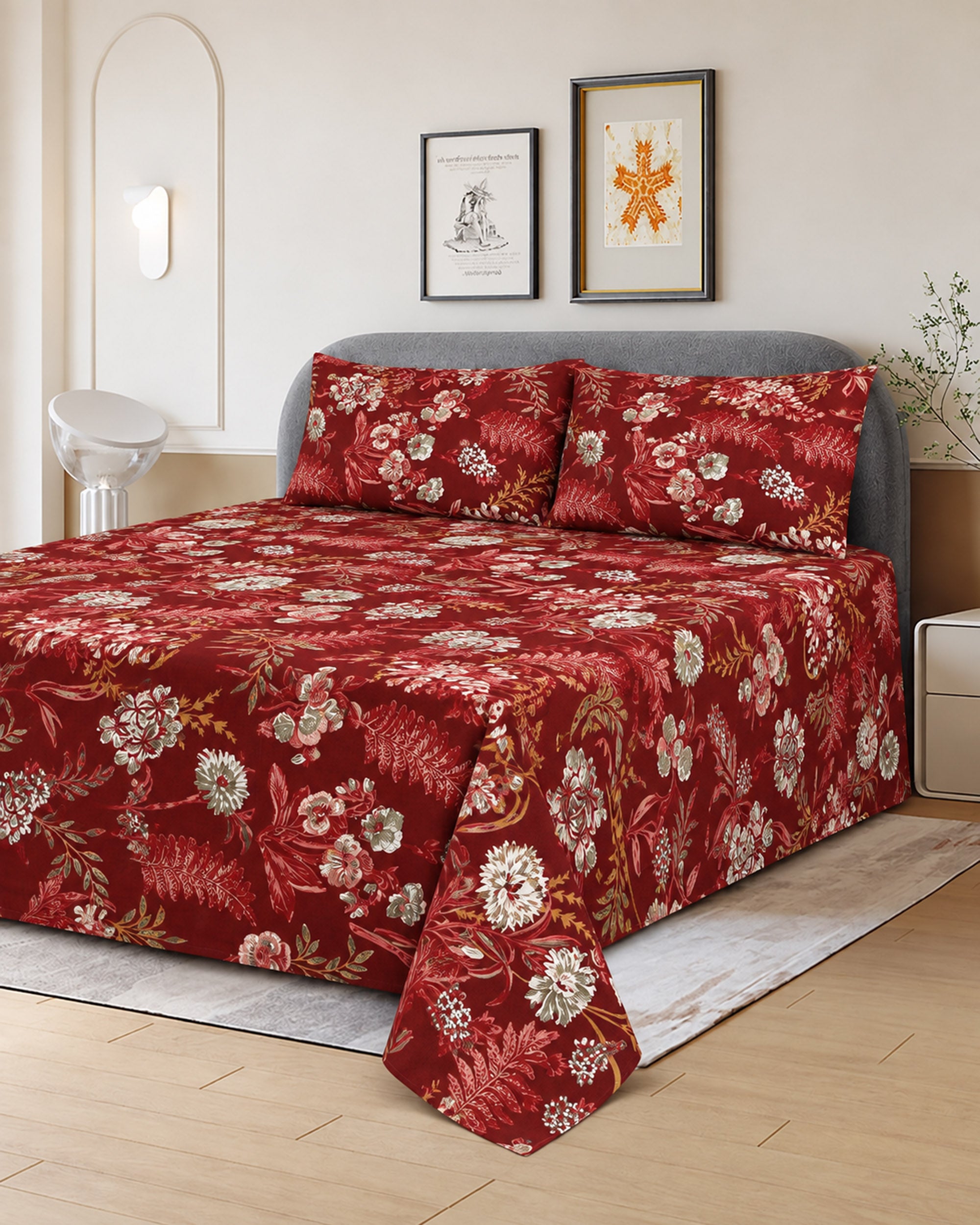 Printed Cotton Double Bed Sheets - 3 Pcs - 94 x 98 Inch