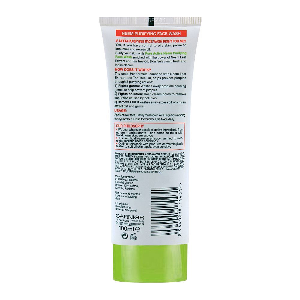 Garnier Skin Active Pure Active Neem Purifying Face Wash, For Normal To Oily Skin, 100ml, Face Washes, Garnier, Chase Value