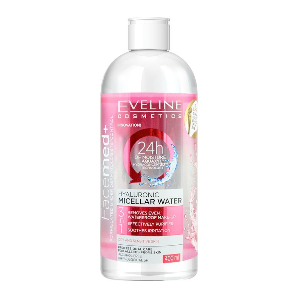 Eveline Facemed+ 3-In-1 Hyaluronic Micellar Water, Alcohol Free, 400ml, Makeup Removers & Cleansers, Eveline, Chase Value