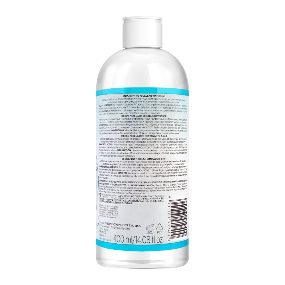 Eveline Facemed+ 3-In-1 Purifying Micellar Water, Alcohol Free, 400ml, Makeup Removers & Cleansers, Eveline, Chase Value