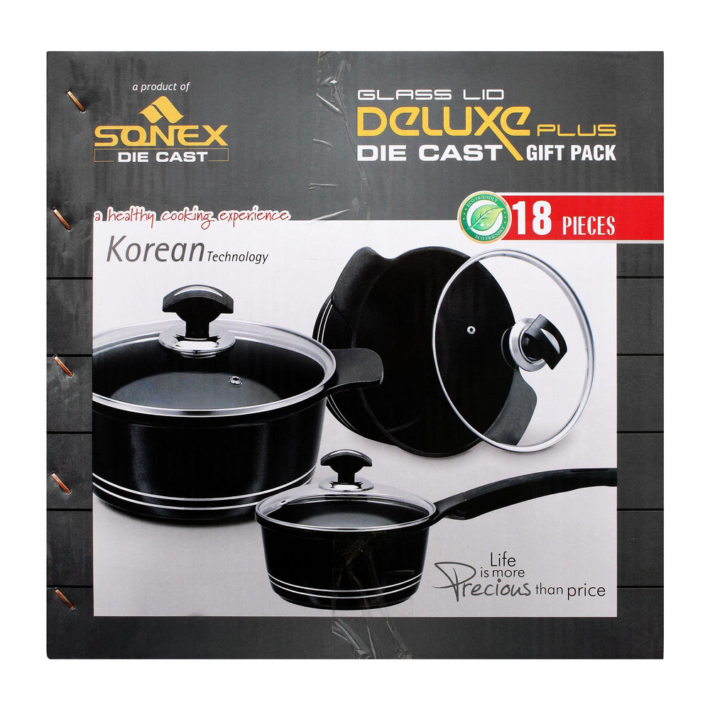 Sonex Glass Lid Deluxe Plus Die Cast Cooking Set, 18 Pieces, 53019, Cookware & Pans, Sonex, Chase Value