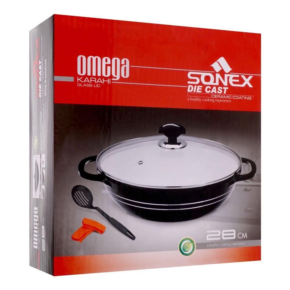 Sonex Omega Die Cast Karahi, With Glass Lid, 28cm, 52304, Cookware & Pans, Sonex, Chase Value