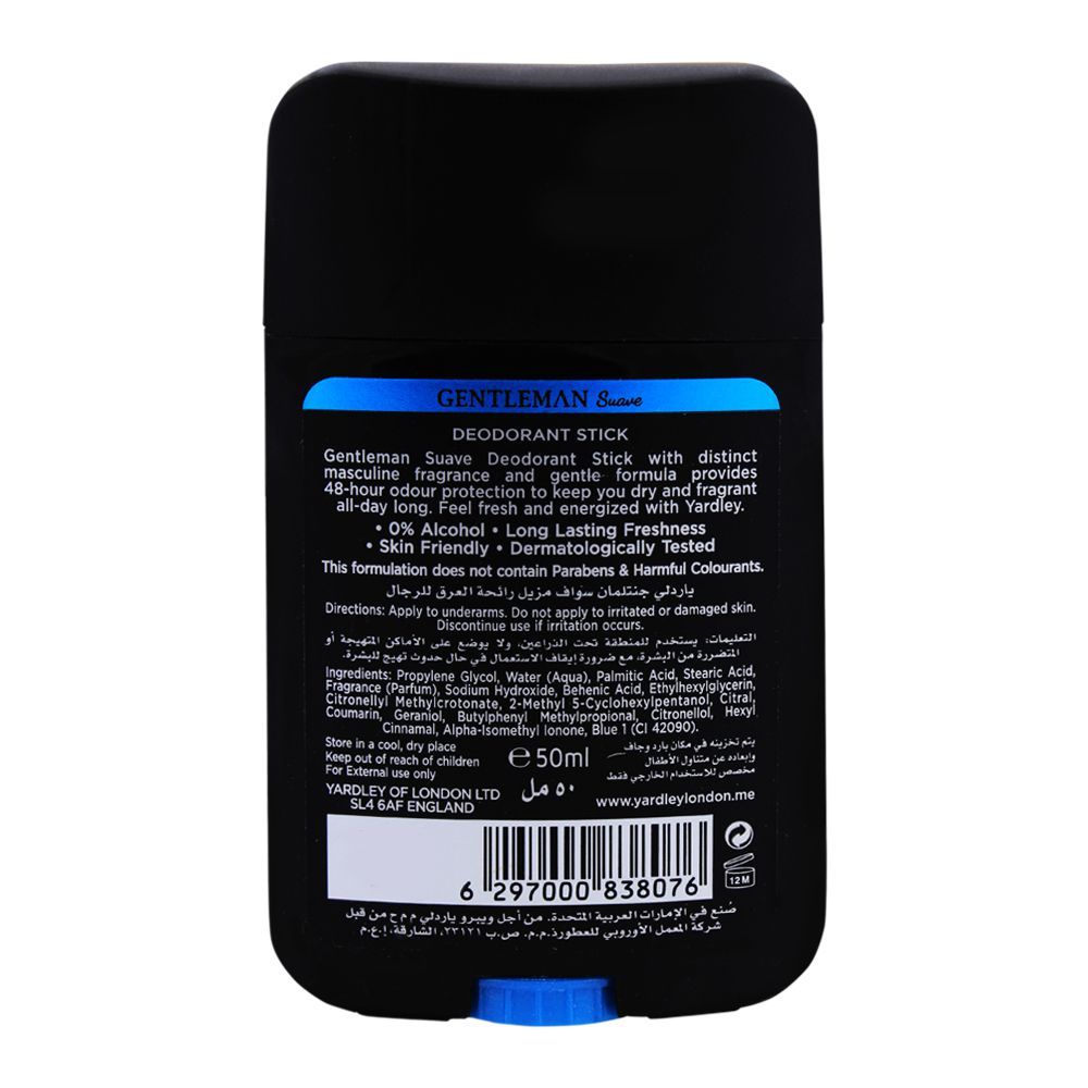 Yardley Gentleman Suave Deodorant Stick, 0% Alcohol, 50ml, Body Roll On & Sticks, Yardley, Chase Value