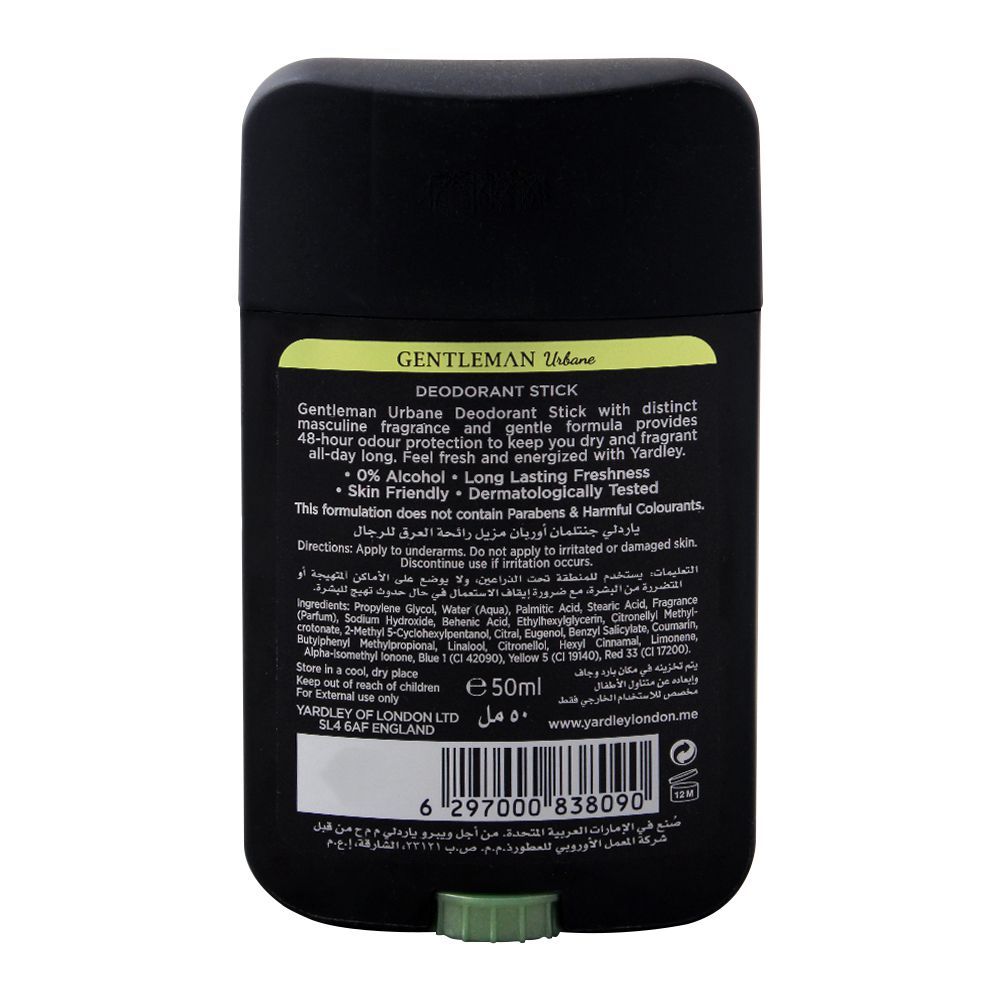 Yardley Gentleman Urbane Deodorant Stick, Alcohol & Aluminium Free, 50ml, Body Roll On & Sticks, Yardley, Chase Value