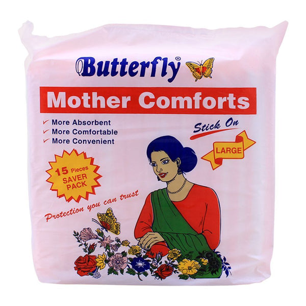 Butterfly Mother Comforts Stick On Large, 15-Pack, Sanitory Napkins, Butterfly, Chase Value