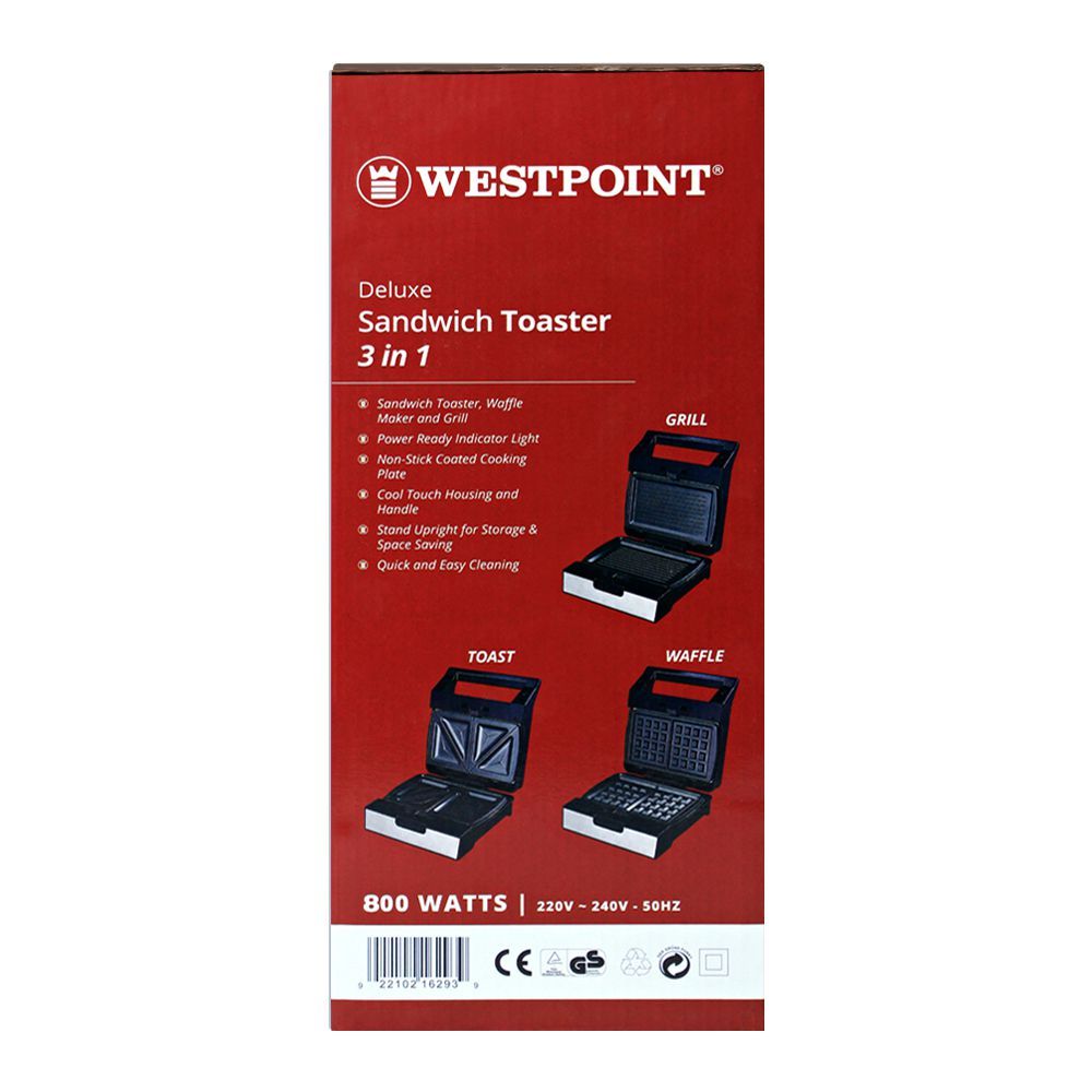 West Point Deluxe 3-In-1 Sandwich Toaster, WF-6293, Toaster & Hot Plate, Westpoint, Chase Value