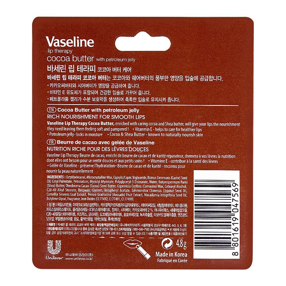Vaseline Lip Therapy Lip Balm Cocoa Butter 4.8g, Creams & Lotions, Vaseline, Chase Value