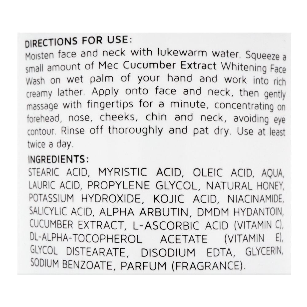 Mec Whitening Cucumber Extract Face Wash, 100g, Face Washes, Mec, Chase Value