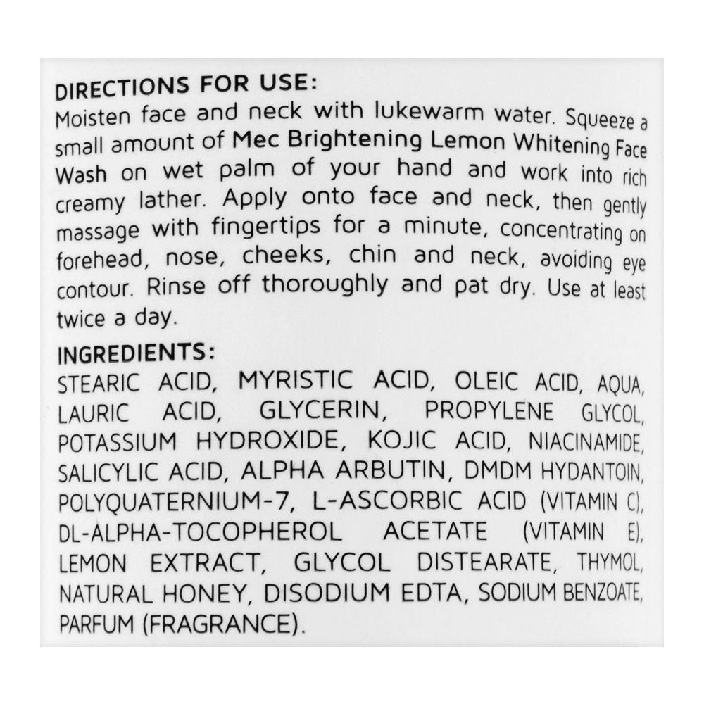 Mec Whitening Face Wash, Oil Clear Daily Facial Foam, Brightening Lemon, 100g, Face Washes, Mec, Chase Value
